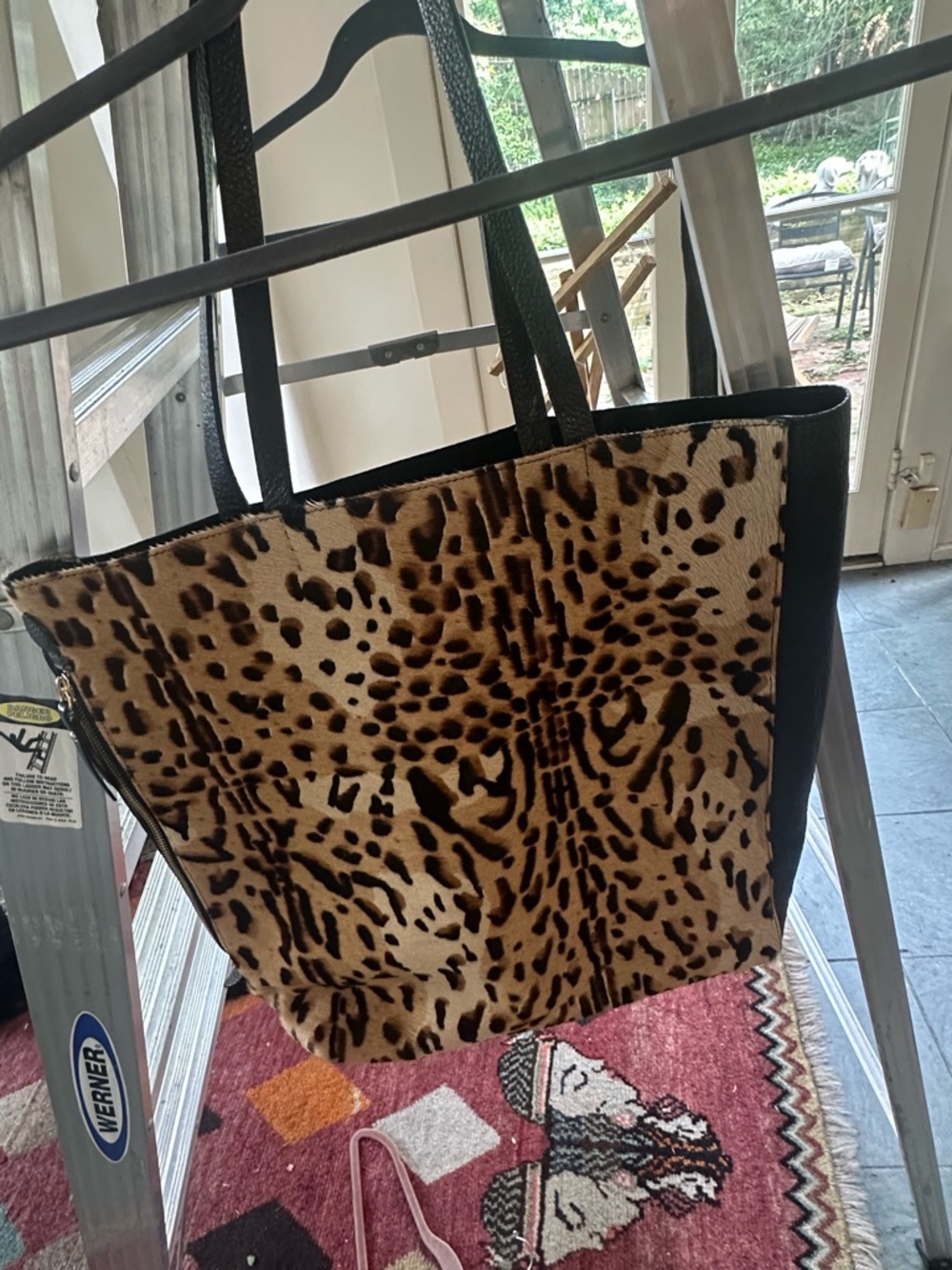 Leopard Print  Fur Tote Bag with Black Trim